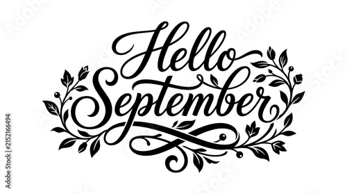 Hello September Calligraphy with Floral Wreath