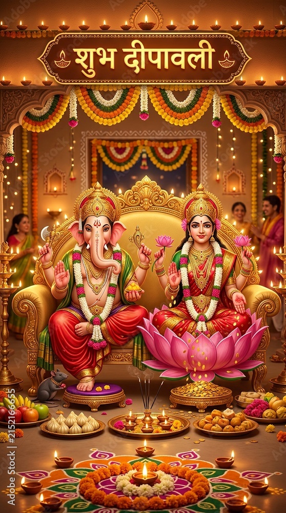 Obraz premium Divine Ganesha Lakshmi Diwali Celebration with Diyas