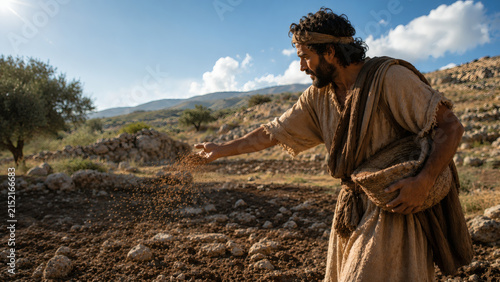 Depiction Of The Parable Of The Sower As An Ancient Farmer Scatters Seed ground Illustrating The Teachings Of Jesus In The New Testament