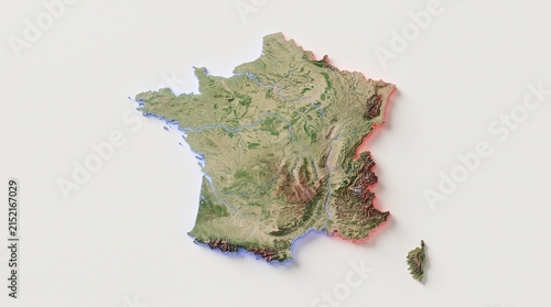 Topographic 3d relief map of france with glowing borders