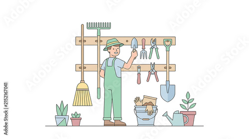 Young Gardener Man Organizing Essential Gardening Tools and Equipment on Wall Mounted Rack in Greenhouse Studio
