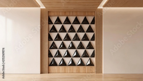 Modern Interior Design with Geometric Wall Feature and Wood Accents.