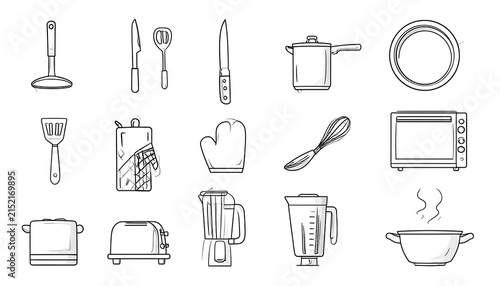 Minimalist line art collection of common household objects.
