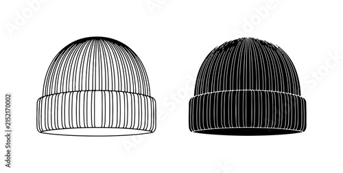 Beanie Hat Vector Icons, Winter Headwear, Knit Cap Outline and Solid Fill Styles
