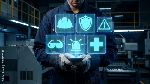 Industrial worker in dark navy coveralls holding smartphone displaying glowing blue safety icons with a cinematic high contrast lighting setup