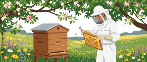 Beekeeper Inspecting Honeycomb Frame in a Blooming Meadow