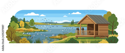 Birdwatchers in Wooden Hide Observing Migratory Birds at Lake