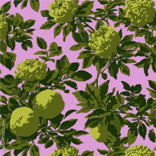 Flat design green flowers and apples seamless pattern on purple background