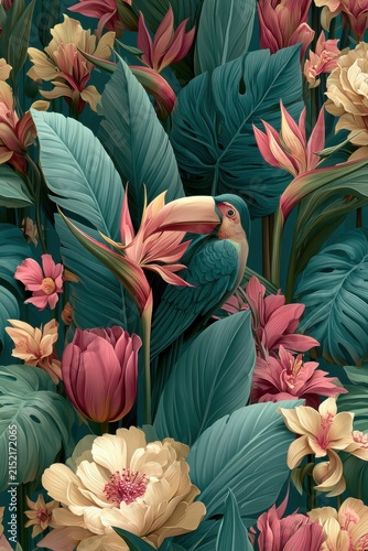Botanical illustration of tropical bird and exotic flowers background