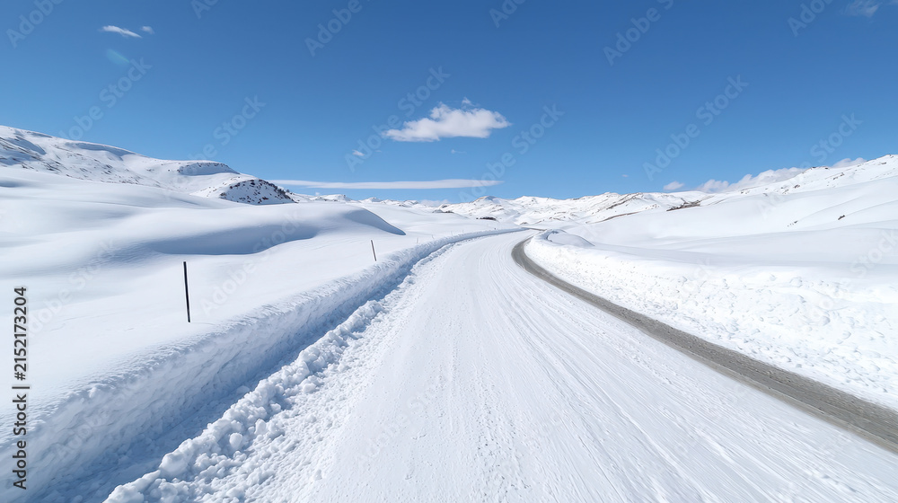 Obraz premium Serene snowy landscape featuring winding road surrounded by pristine white snow and distant mountains under clear blue sky