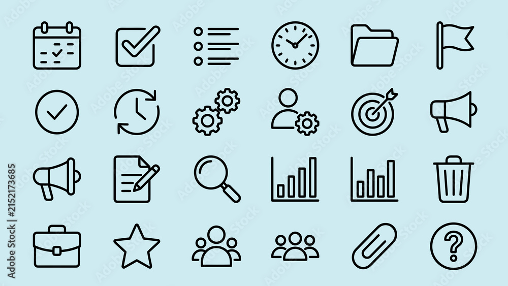 Fototapeta premium Business management and productivity icons collection with black outlines representing time organization and data analysis.