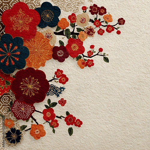 Japanese floral pattern with red blue orange and gold flowers image photo