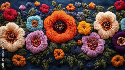 Vibrant Multicolored Floral Embroidery With Textured Yarn Petals On A Deep Navy Background
