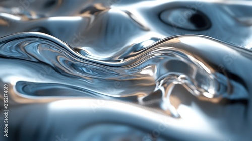 Abstract Liquid Metallic Surface Texture With Glossy Waves And Reflections In Soft Blue Lighting