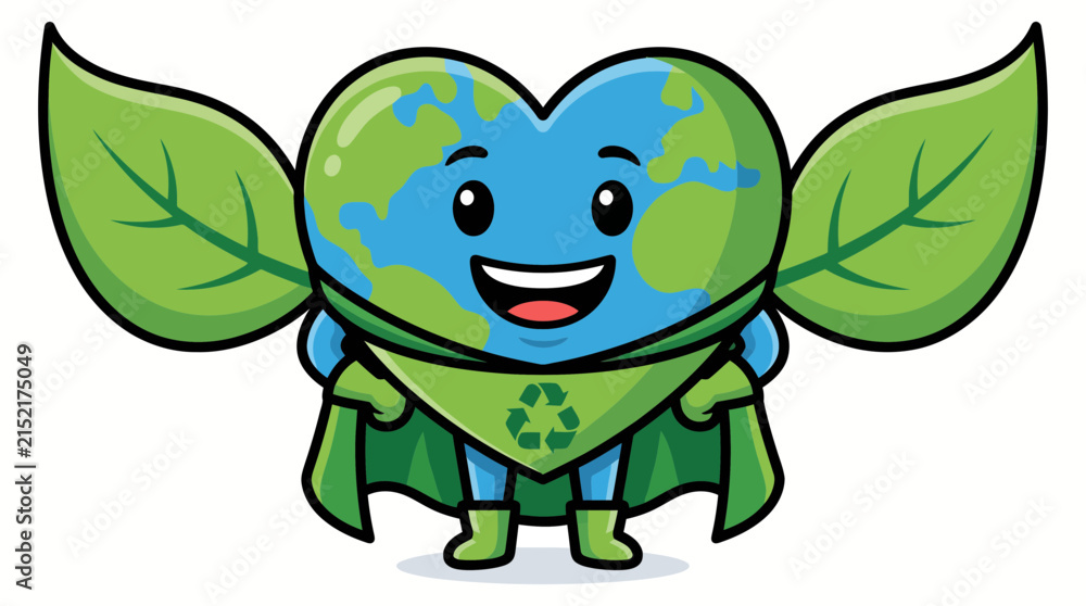Obraz premium Cute earth superhero character with green leaves and a recycling cape