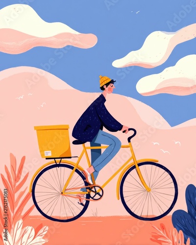 Bright scene featuring cyclist enjoying ride through colorful landscape with whimsical clouds