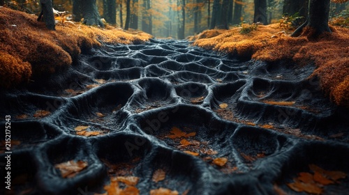 Dark Muddy Path With Geometric Pattern In An Autumnal Forest With Orange Foliage And Dim Light