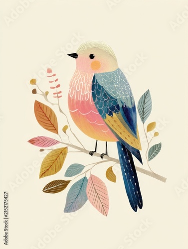 Charming bird with pastel feathers sits on branch, framed by whimsical foliage and soft colors.