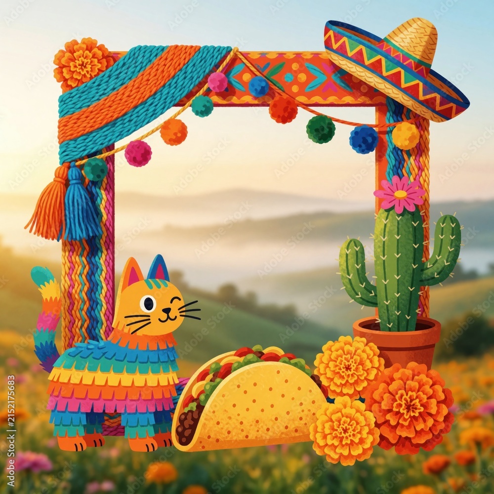 Obraz premium Festive Mexican-themed frame features cat pinata taco cactus marigolds. Decorative border with sombrero adds vibrant fiesta flair. Colorful celebration scene.