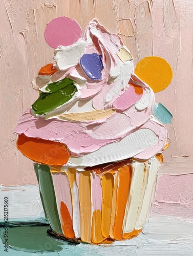 Colorful cupcake with vibrant frosting and playful shapes, showcasing artistic texture and charm