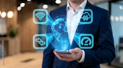 Professional businessman holds modern smartphone displaying bright blue holographic earth interface with glowing communication icons in a sharp focused indoor environment