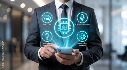 Professional businessman in sharp suit interacts with glowing artificial intelligence holographic interface displayed above a modern smartphone digital screen device