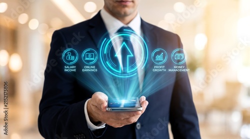 Professional businessman in dark suit holding smartphone with glowing blue holographic digital financial icons for growth and profit success