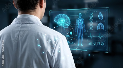 Medical professional wearing a white lab coat examines glowing blue holographic human anatomy data on a modern high tech interface