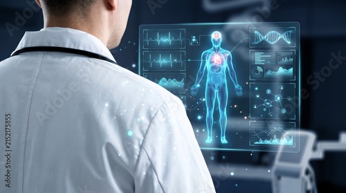 Professional physician observing digital blue hologram displaying human anatomy data charts and complex medical diagnostics inside a modern clinical research laboratory