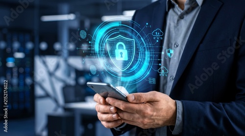 Professional businessman uses modern smartphone to activate advanced biometric security shield with glowing blue digital interface and complex data icons