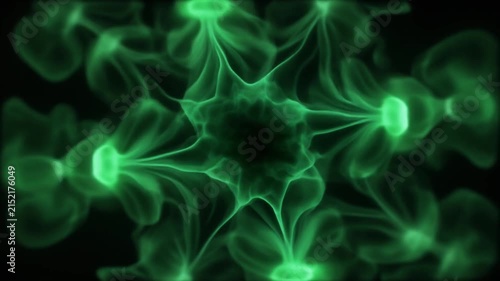 Deep forest-green plasma unfurls from compact core into wider luminous tendrils against deep black, combining futuristic energy with natural tones, cinematic glow, and smooth motion.