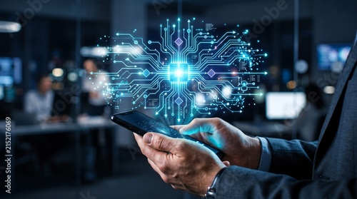 Glowing digital circuit board interface projects from a handheld smartphone screen held by a professional in a dark modern office
