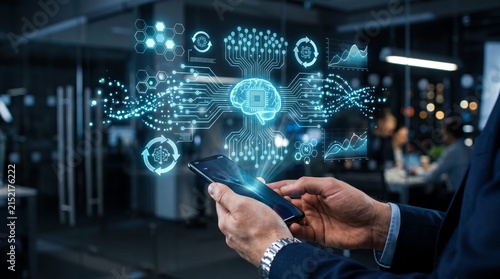 Glowing digital brain hologram projects complex data networks from a modern smartphone held by professional hands in dark office space