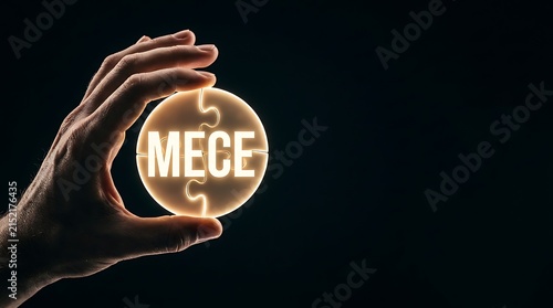Human hand holding a glowing circular puzzle piece representing mutually exclusive collectively exhaustive business