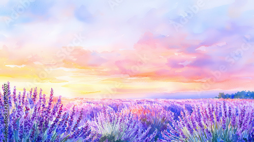 Beautiful watercolor painting of lavender field at sunset, showcasing vibrant purple flowers and colorful sky