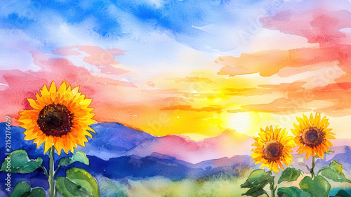Vibrant watercolor painting of sunflowers against colorful sunset sky, evoking sense of tranquility and beauty