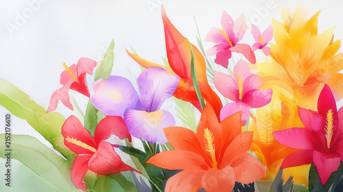 Vibrant watercolor painting of colorful flowers including irises and lilies, showcasing lively and cheerful atmosphere