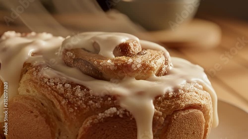Warm cinnamon roll with dripping icing and steam close-up