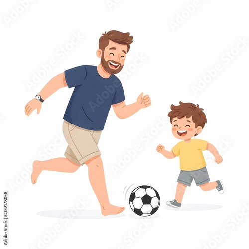Happy father and son playing soccer with a football on grass
