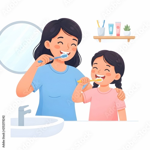 Mother and daughter brushing teeth together in front of the bathroom mirror