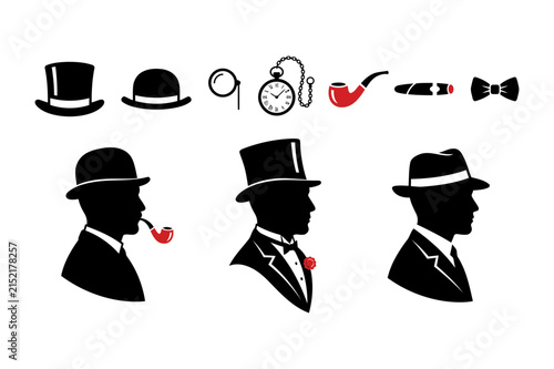Set of Victorian gentleman silhouettes with top hat, bowler hat, fedora, pocket watch, pipe, cigar, and bow tie isolated on white background
