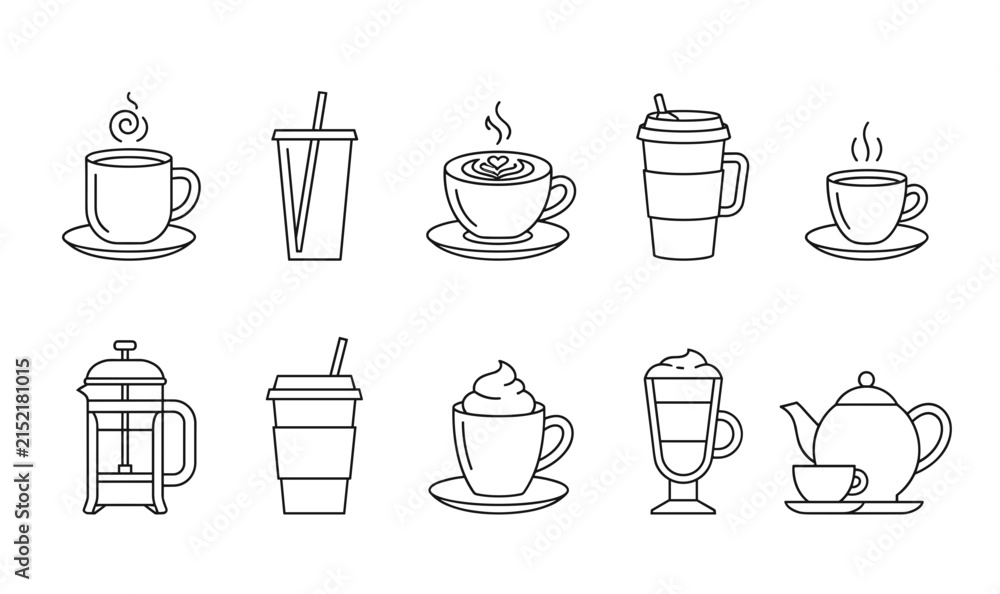 Obraz premium Coffee and Hot Drink Line Icon Set with Espresso Latte French Press Teapot and Disposable Cups for Cafe Menu Designs