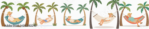 Flat vector illustration of a grandpa sleeping in a beach hammock in summer