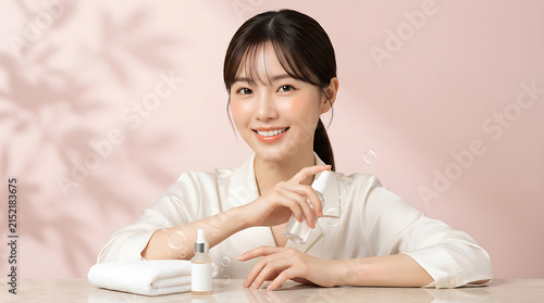 young woman with a cheerful expression applying skincare product in a bright, minimalistic setting with soft pink background and