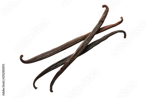 Three aromatic brown vanilla beans 3d png isolated object for culinary use on a clean transparent background.
