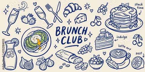 Hand Drawn Food Labels and Icons Vector Set with Bakery, Bread, Cake, Coffee, Sandwich, Pizza and Croissant Doodle Illustrations for Vintage Seamless Design