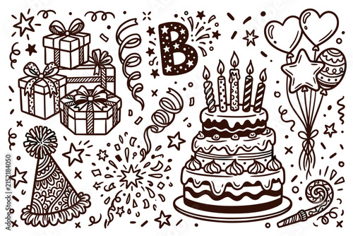 Hand Drawn Wedding Icons and Wedding Cake Elements Vector Illustration Set with Vintage Floral Decorations, Celebration Symbols and Seamless Pattern Design