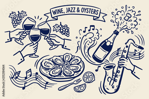 Vintage hand-drawn wine jazz and oysters illustration. Retro line art of champagne, saxophone, and seafood. Elegant party vector.