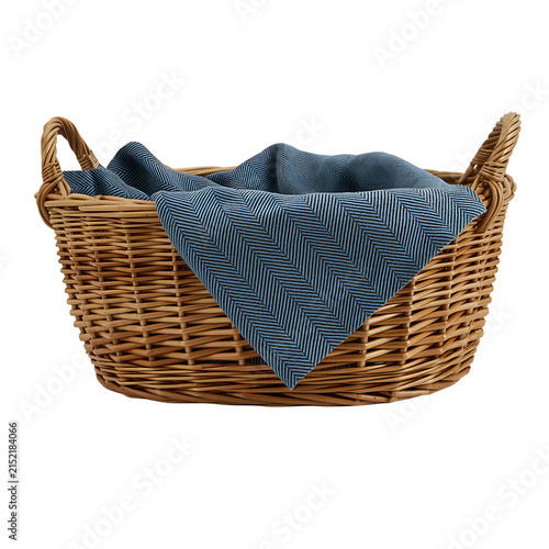 Wicker laundry basket with blue textile fabric inside displayed as 3D PNG isolated on transparent background.
