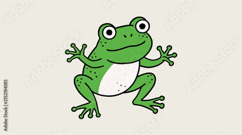 A friendly, vibrant green cartoon frog with a white belly, bold outlines, and large expressive eyes, playfully posed on a subtle textured light background, ideal for children's books or fun
